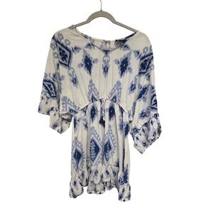 ANGIE Women's White Blue Ikat Print Kaftan‎ Tunic Dress with Tassel M